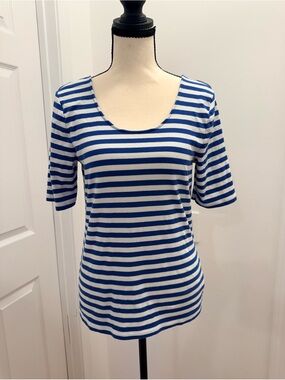 Lauren Ralph Lauren Blue and White Striped Scoop Neck Top